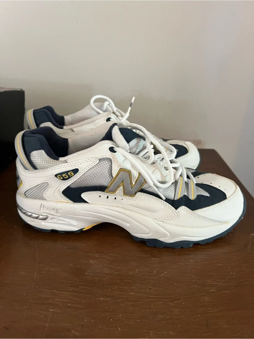 New Balance White Navy Athletic Sneakers with Yellow Accents